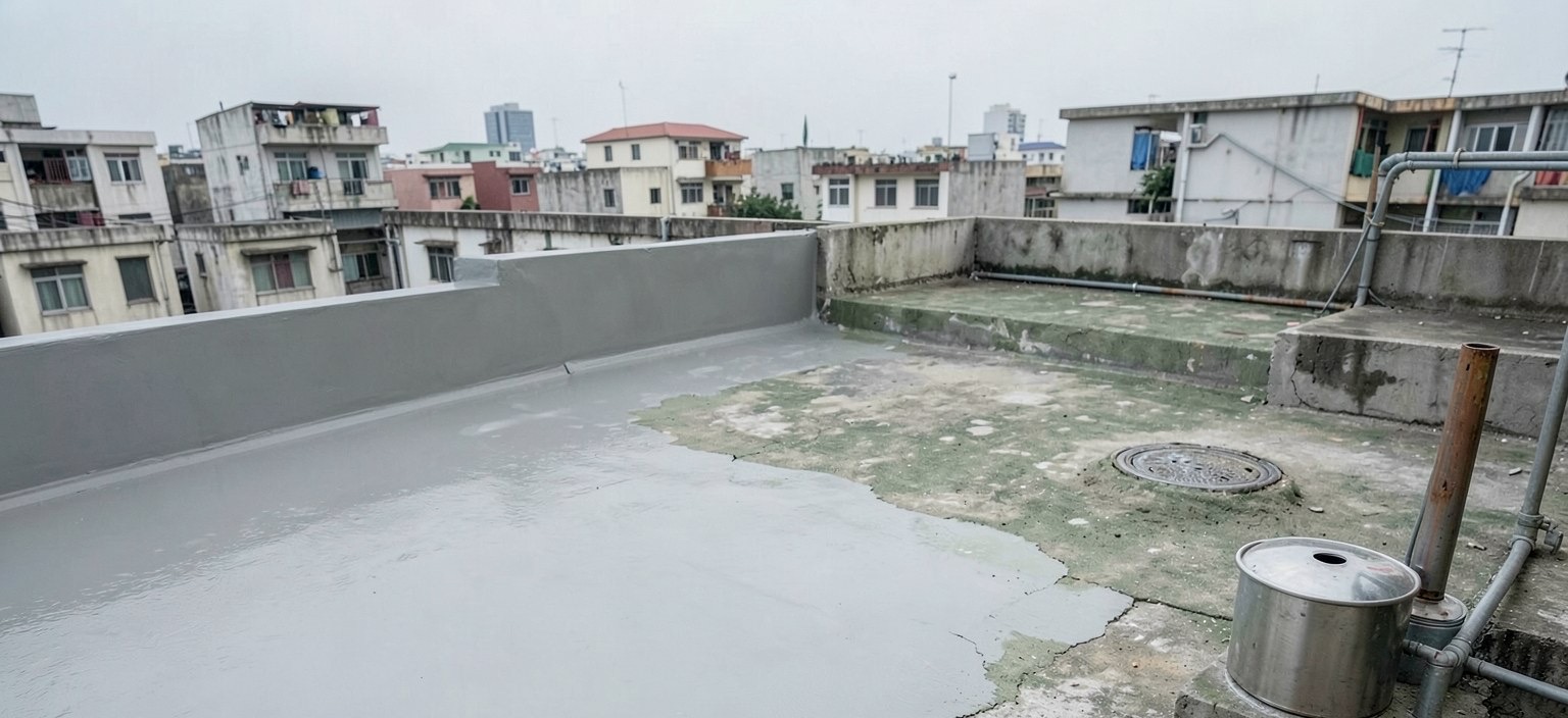 公寓頂樓重做防水,一半已塗上新的灰色防水層,一半還是龜裂的舊地面